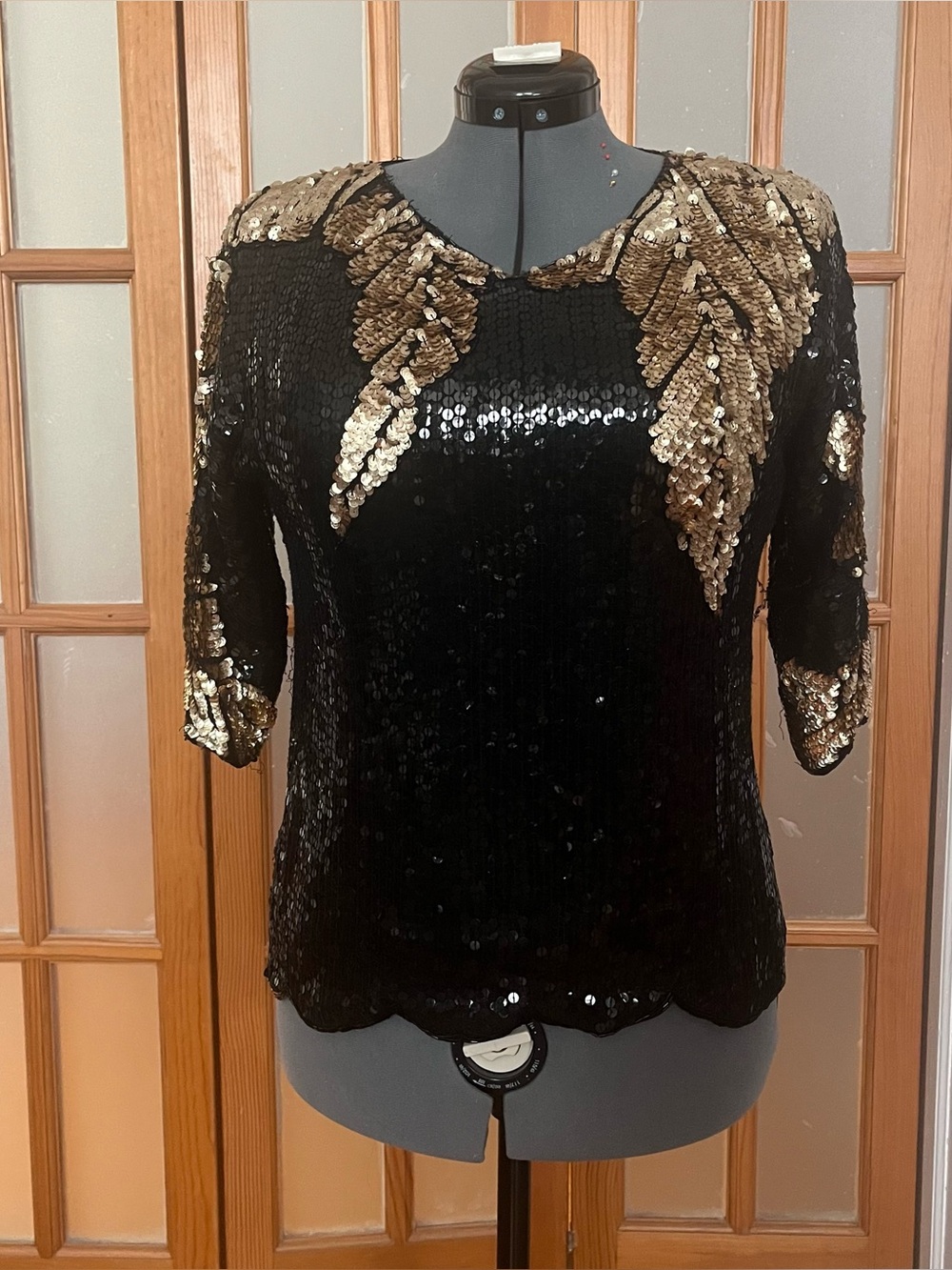 Vintage 1980s Royal Feelings Black Sequin Silk Top with Gold Leaf Detail